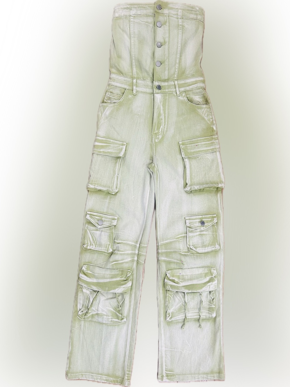 NWT Daisy SZ S Strapless Cargo Jumpsuit in Sage Green/Bust 24”-32” - Picture 2 of 9